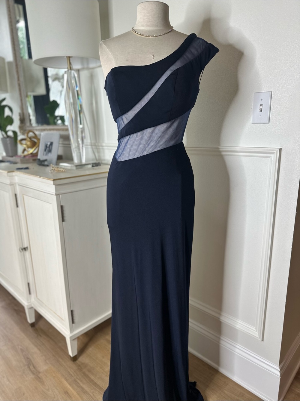 Alyce Paris One-Shoulder Black Maxi Gown with Sheer Insets